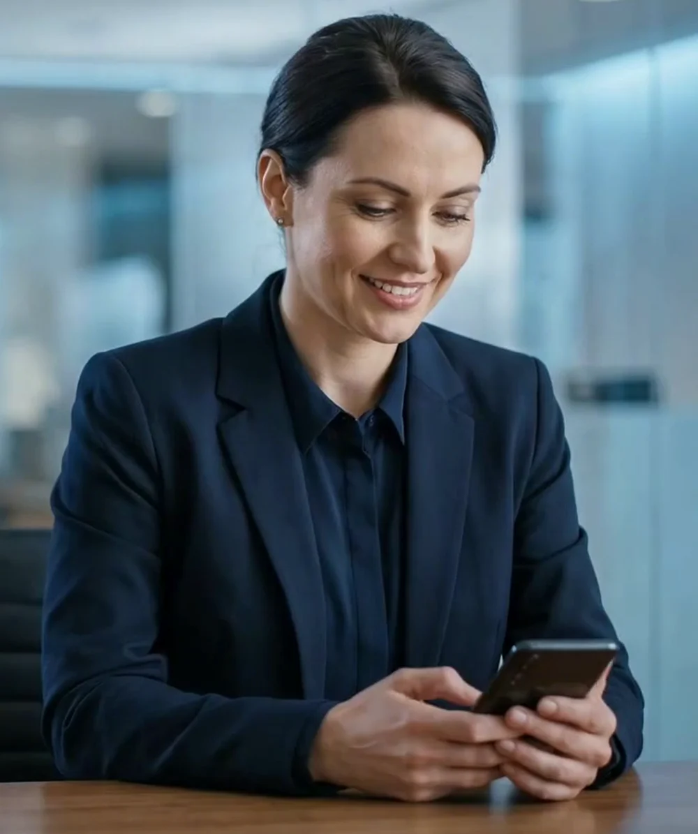 Financial advisor using a phone in a modern office