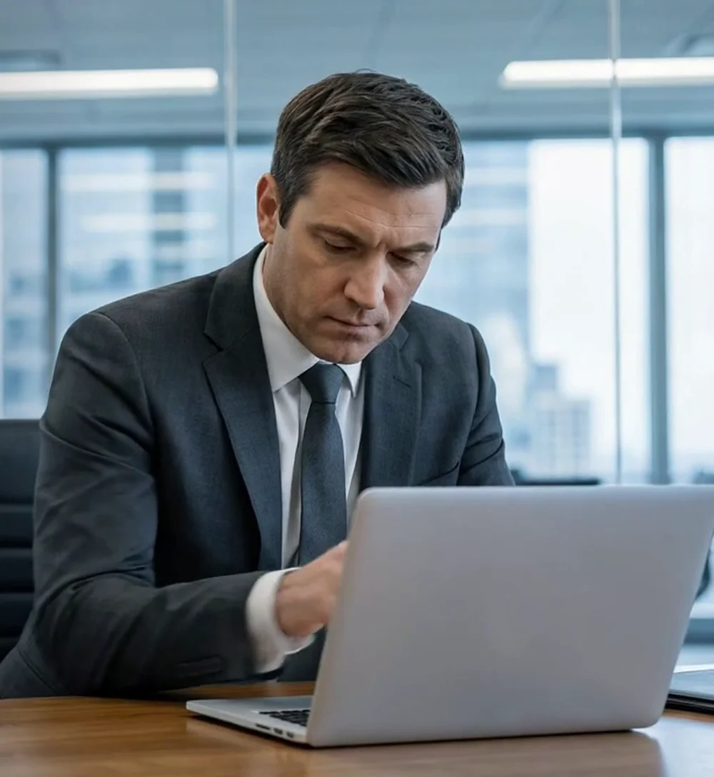 Compliance officer reviewing records on a laptop
