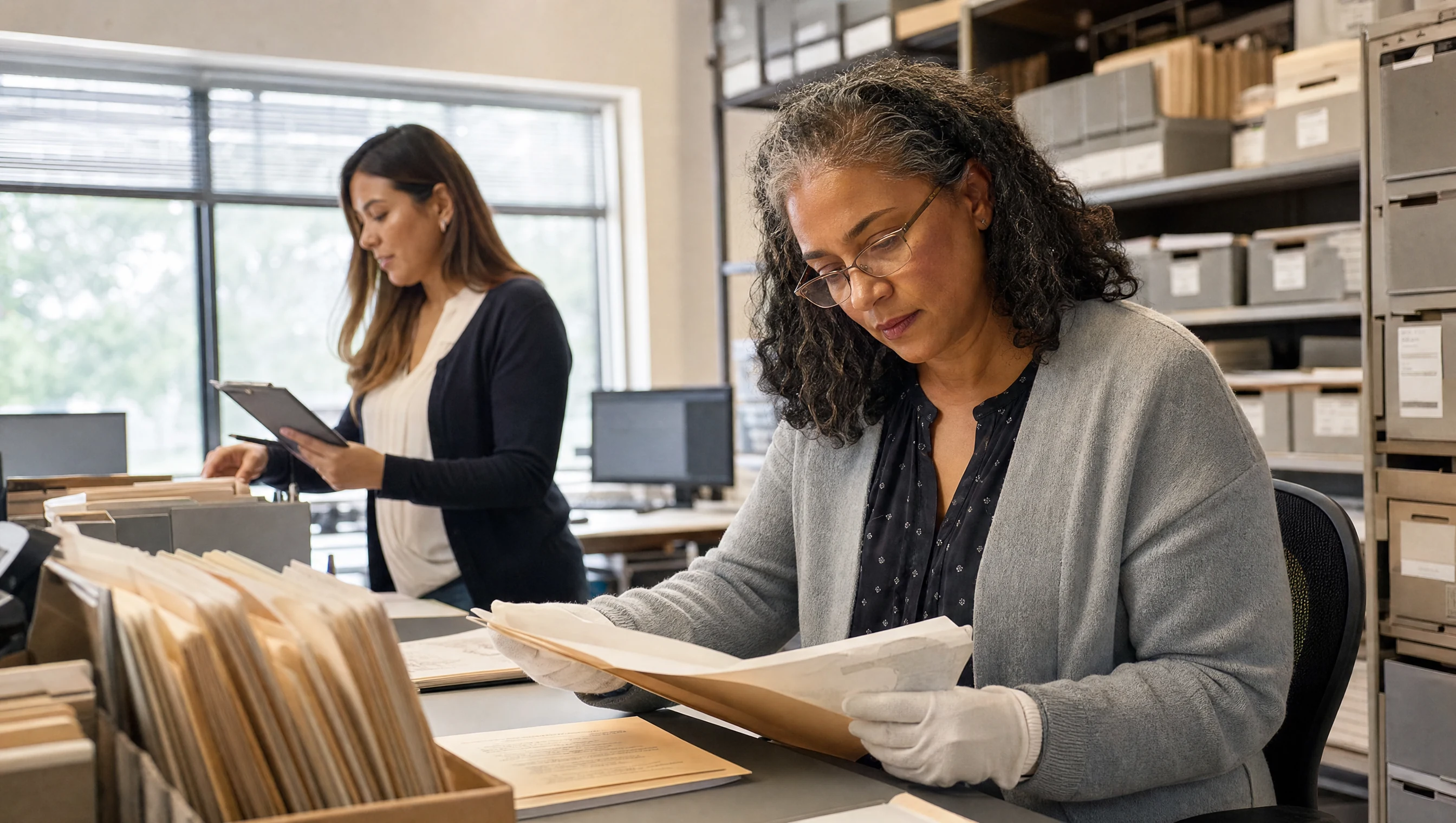 Government records team reviewing organized archival material