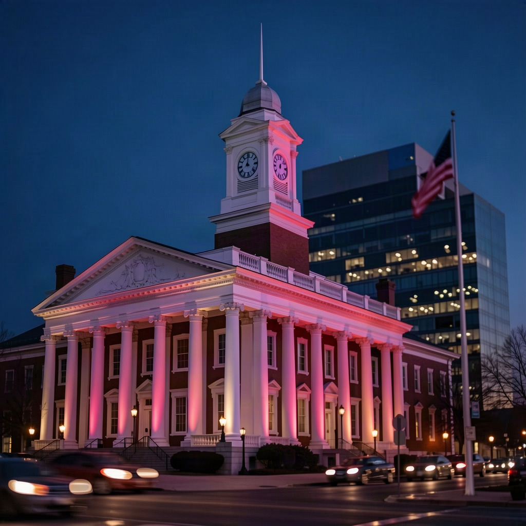 American county courthouse at dusk