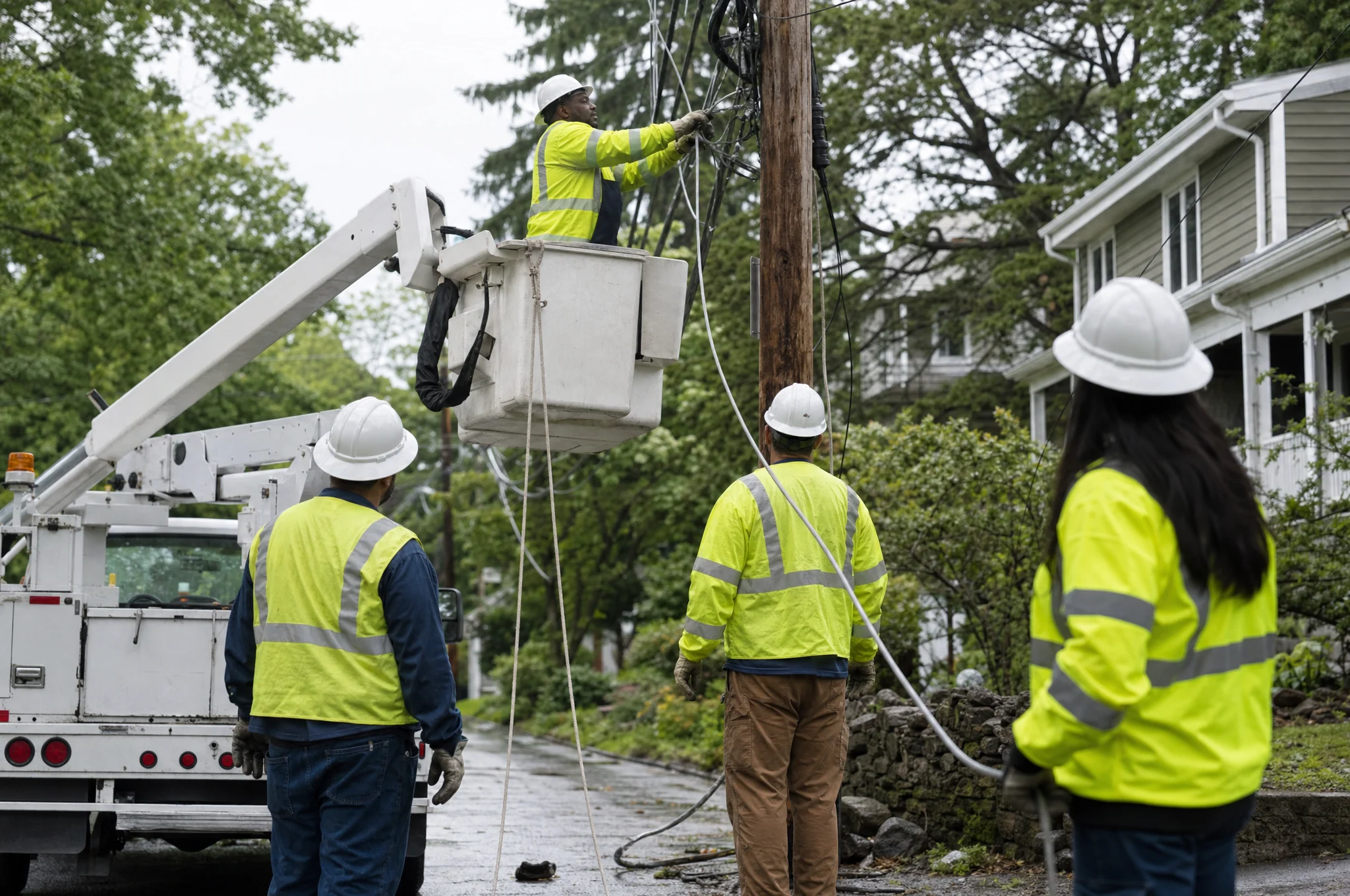 Utility crew restoring service in a residential neighborhood